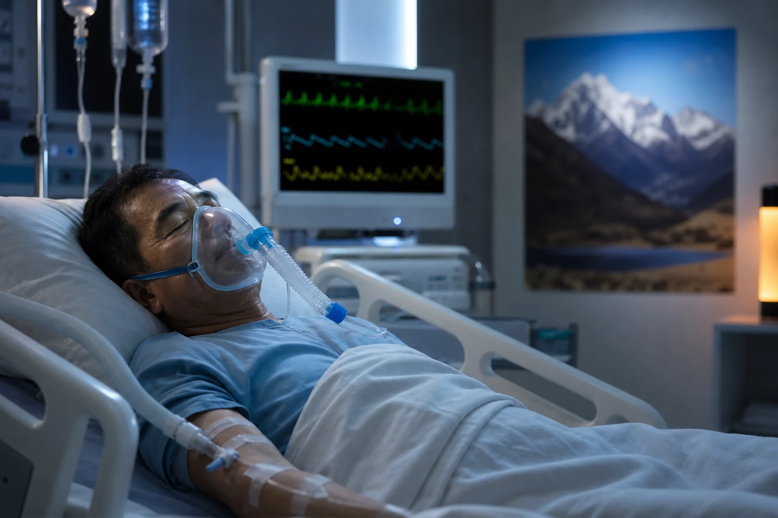Cinematic ICU scene of a patient with high-flow oxygen, cardiac monitor, IV fluids, a mountain landscape poster faintly on the wall, clinical-blue lighting