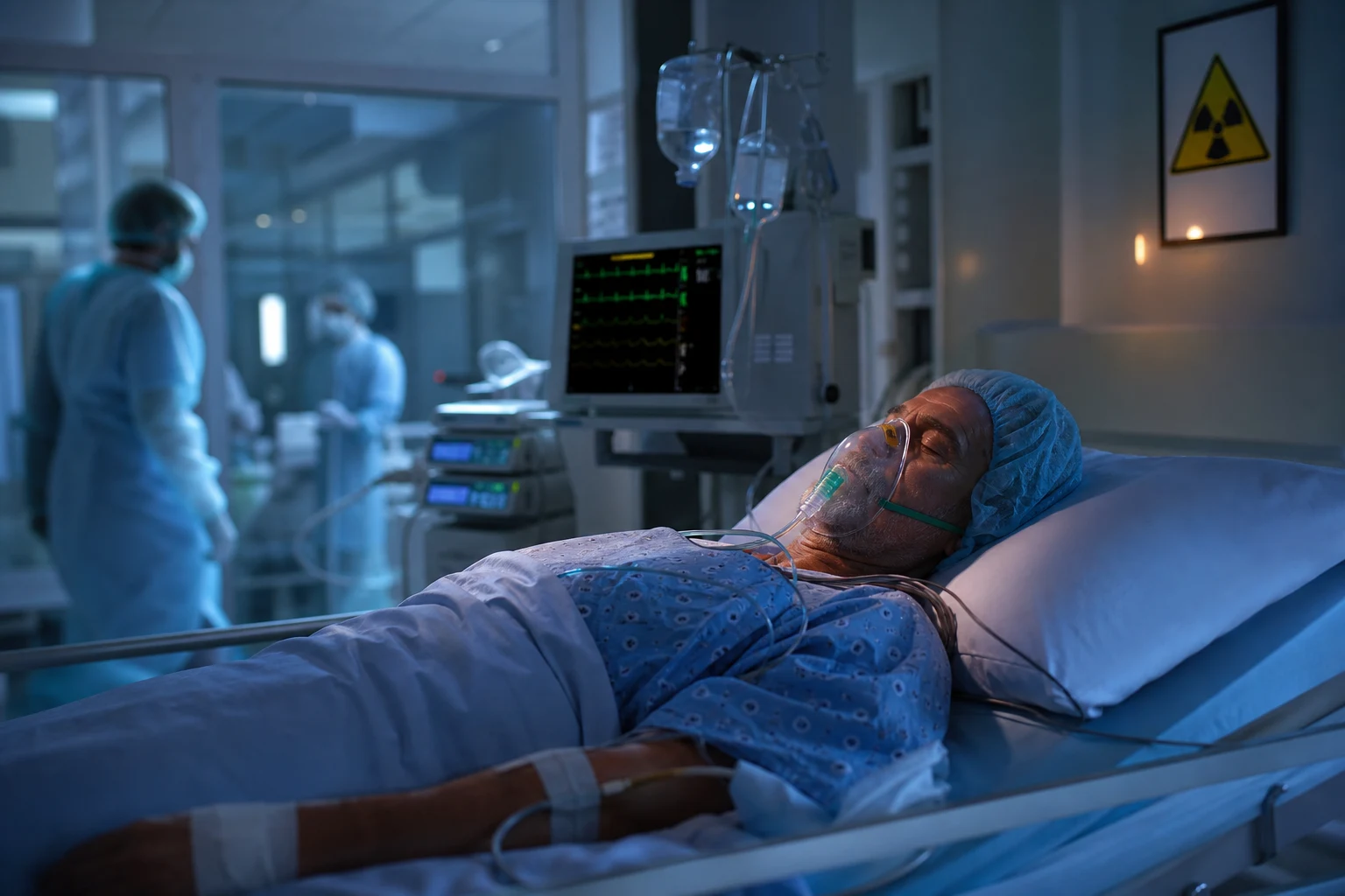 Cinematic ICU scene of a patient in isolation, clinical staff in protective gowns, cardiac monitor, IV fluids, radiation symbol poster faintly visible, clinical-blue lighting