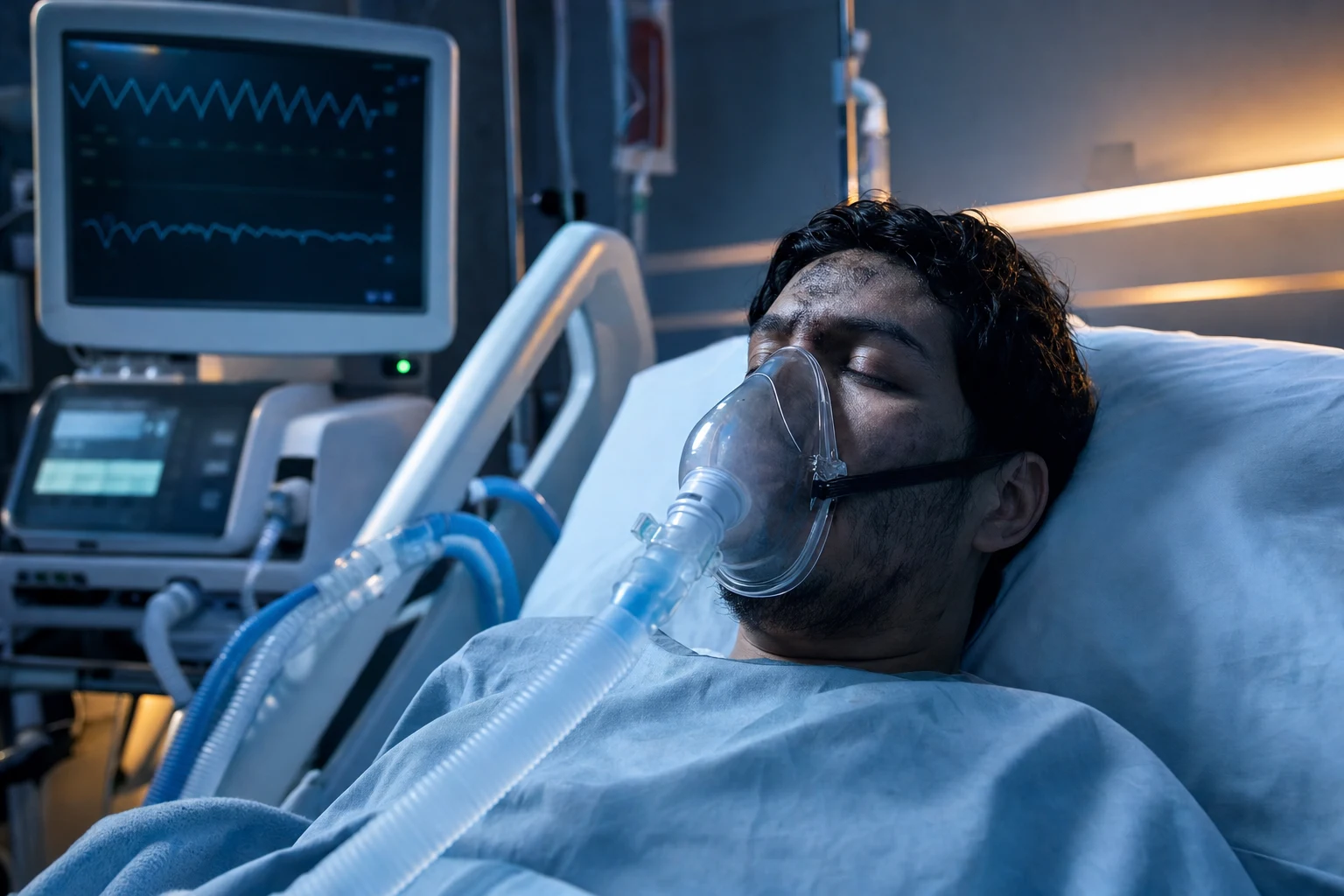 Cinematic ICU scene of a patient with high-flow oxygen, ventilator, cardiac monitor tachycardia, faint soot around nose, clinical-blue lighting