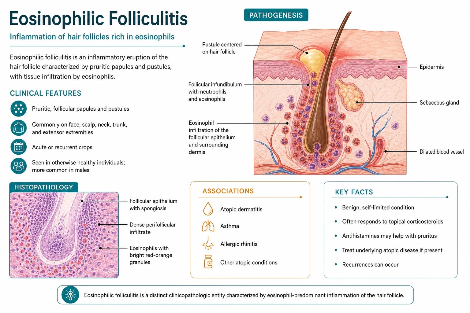 Diagram of the pathogenesis of eosinophilic folliculitis showing Th2 cytokine skewing, eosinophil recruitment to the follicle, and follicular damage