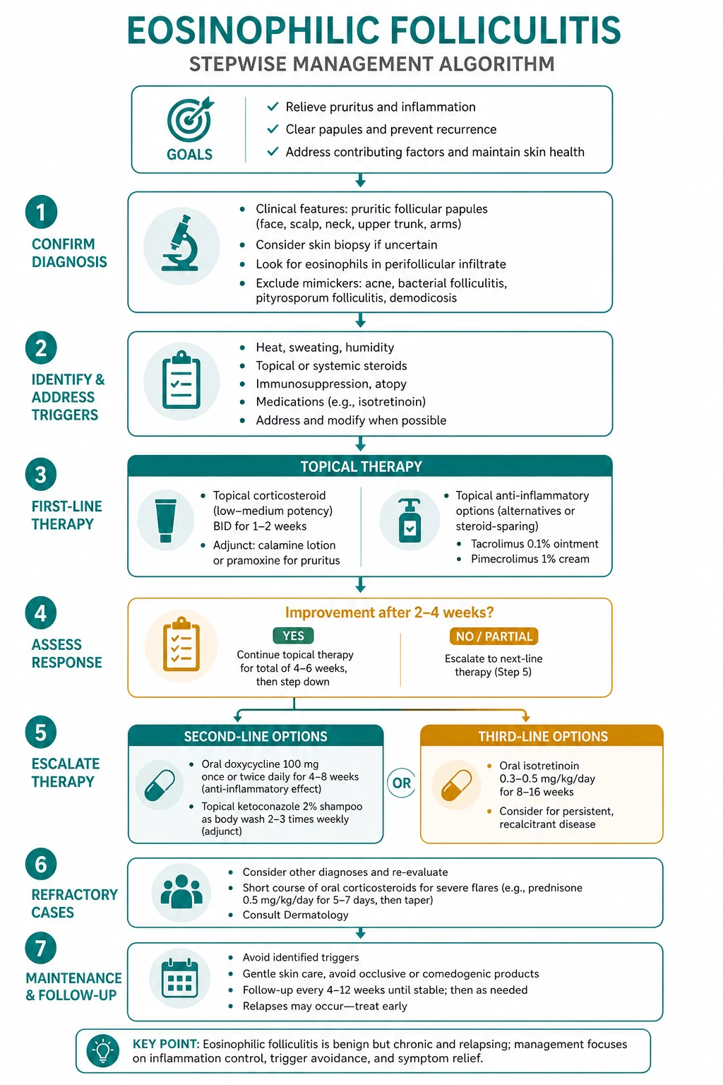 Stepwise management algorithm for eosinophilic folliculitis showing ART optimisation, topical therapy, phototherapy and systemic agents