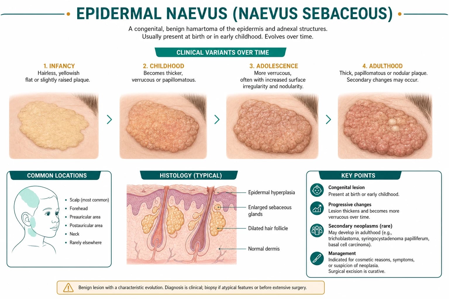 Clinical variants of epidermal naevi: verrucous linear plaque on trunk, ILVEN on lower limb, naevus sebaceous on scalp, and Becker naevus on shoulder