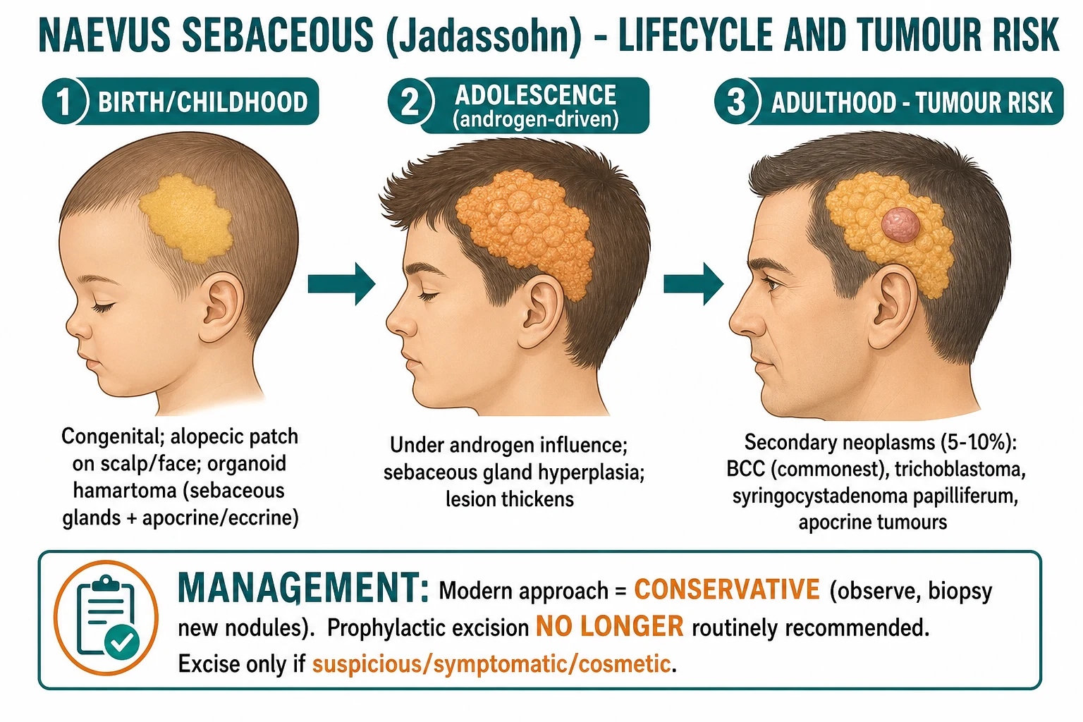 Lifecycle of naevus sebaceous: congenital yellow-orange hairless plaque, pubertal thickening and verrucous change, and adulthood with secondary tumour risk