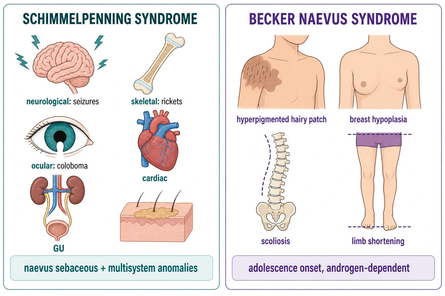 Epidermal naevus syndrome associations: naevus sebaceous with neurological, ocular, skeletal, and cardiac anomalies; Becker naevus syndrome with breast hypoplasia and limb shortening