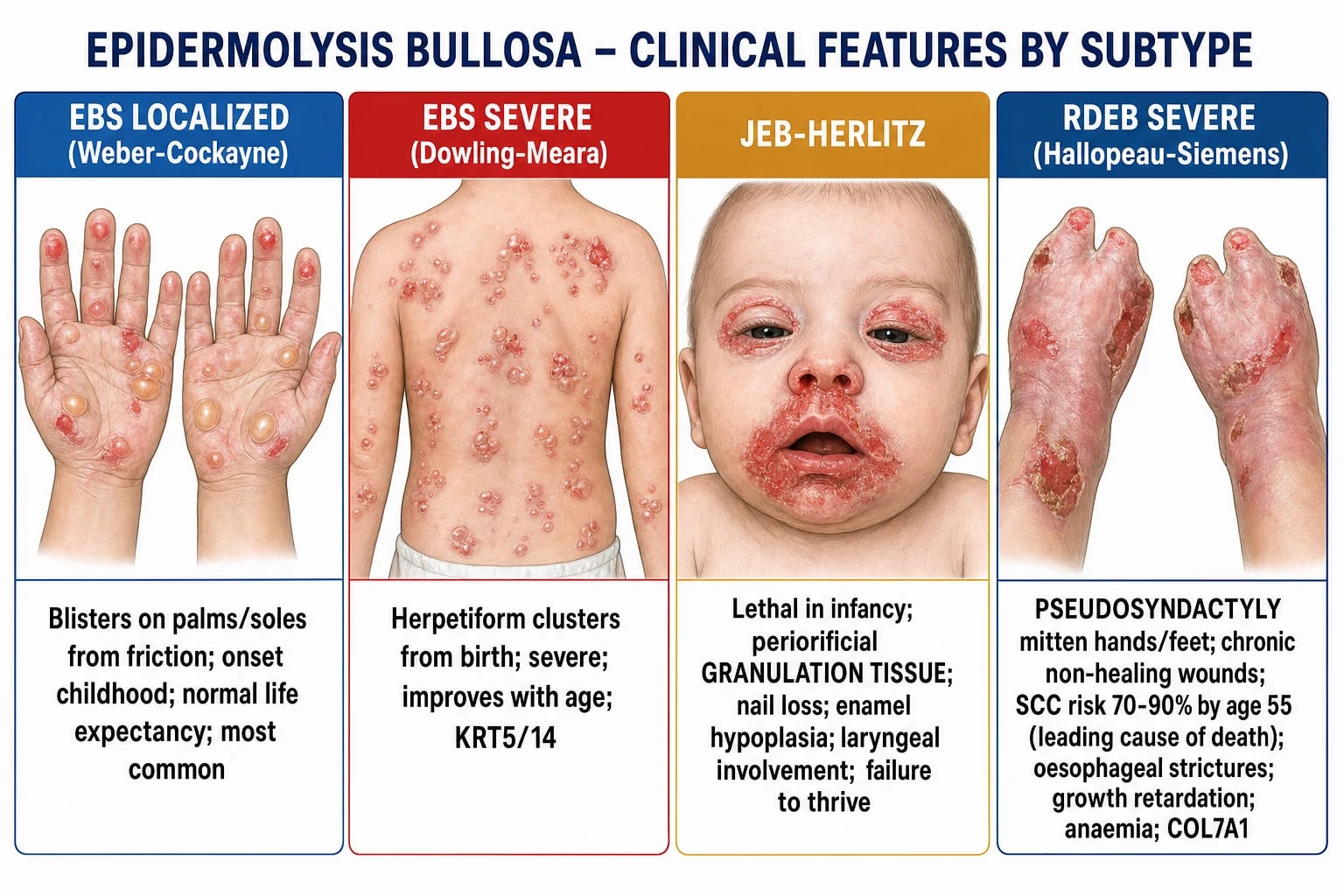 Clinical features of EB subtypes