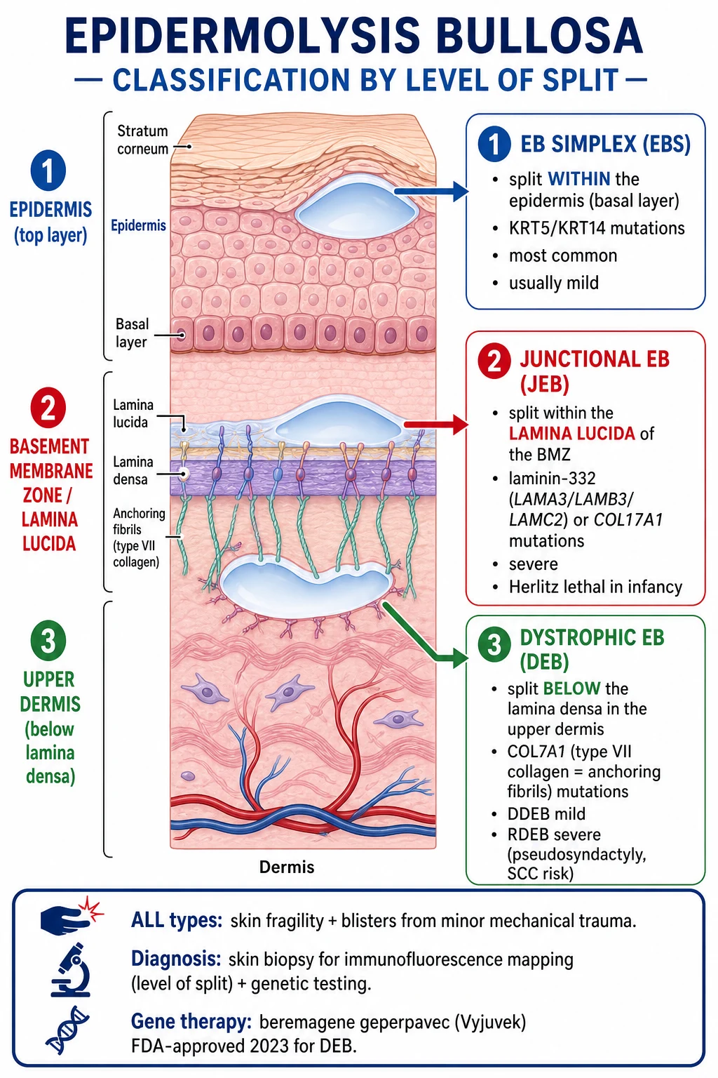 Classification of epidermolysis bullosa by level of split within the basement membrane zone