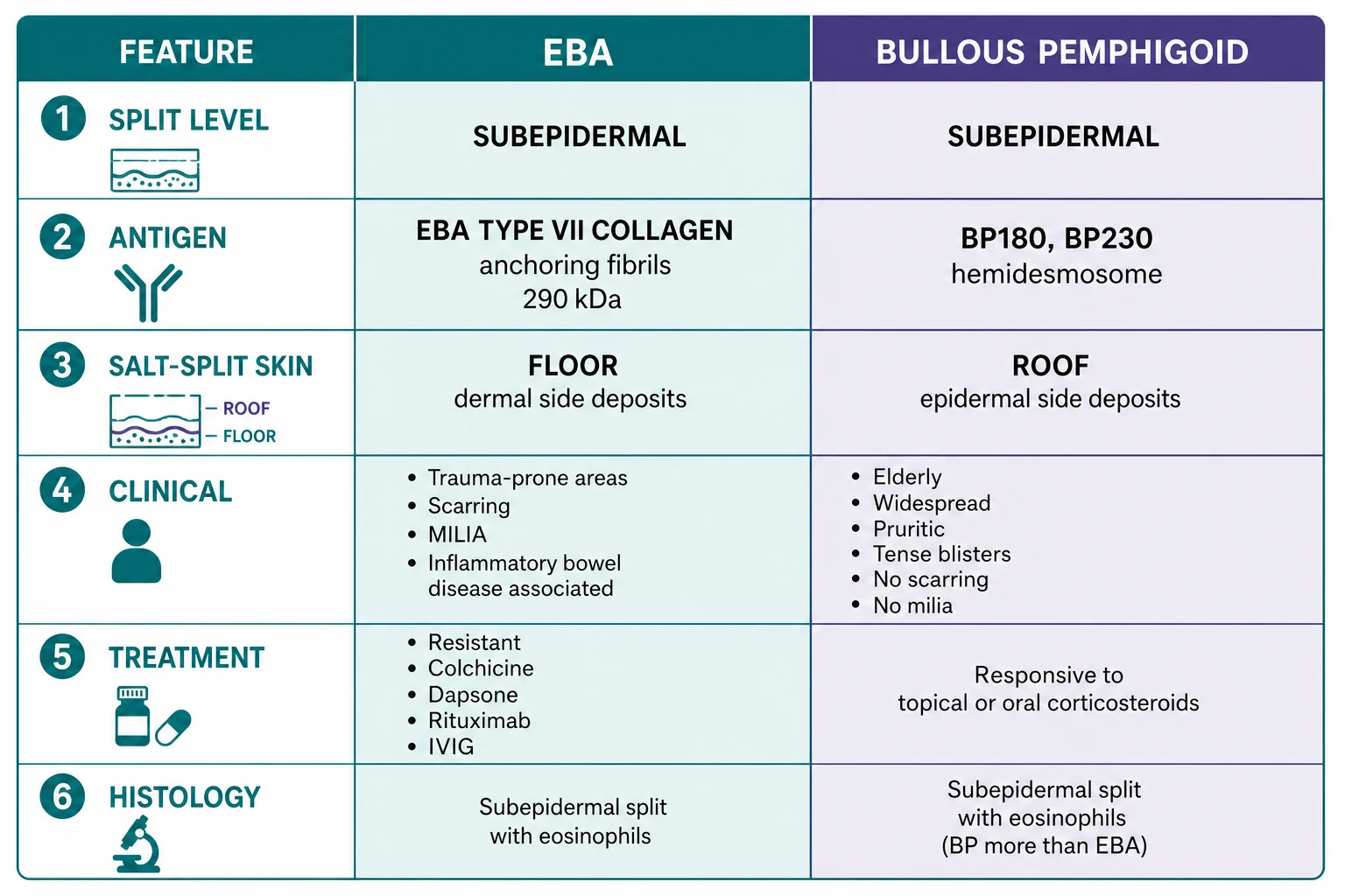 Comparison of EBA versus bullous pemphigoid: antigen (type VII collagen vs BP180/230), distribution (extensor trauma-prone vs flexural widespread), scarring and milia (present vs absent), salt-split localisation (floor vs roof), associated conditions (Crohn's vs neurological), treatment response (resistant vs responsive)
