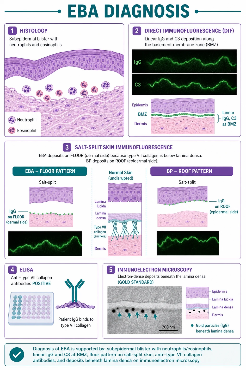 Diagnostic panel for EBA: histology shows a subepidermal blister with neutrophil-predominant infiltrate; direct immunofluorescence shows linear IgG and C3 along the basement membrane zone; salt-split skin indirect immunofluorescence shows deposits on the FLOOR (dermal side) because type VII collagen sits below the lamina densa; immunoelectron microscopy (gold standard) shows deposits below the lamina densa; ELISA for anti-type VII collagen NC1 domain is positive