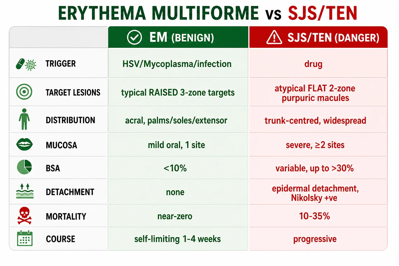 EM vs SJS/TEN comparison table showing target morphology, trigger, distribution, mucosal severity, detachment and mortality