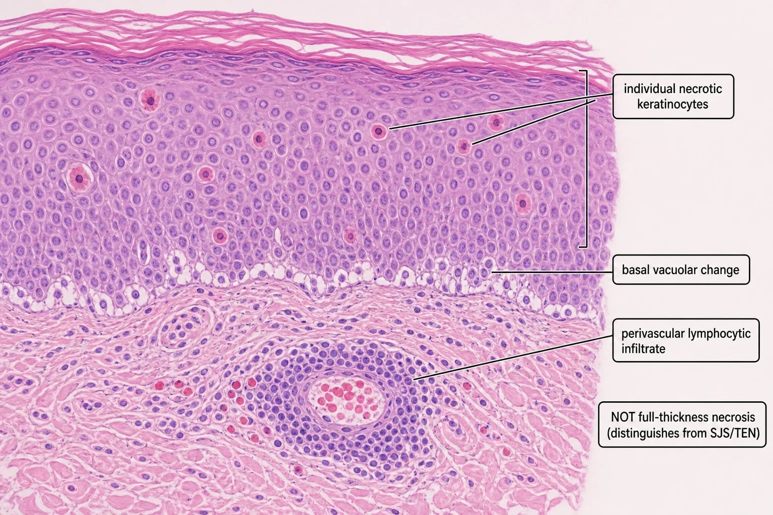 H&E skin biopsy showing individual necrotic keratinocytes, basal vacuolar change, lymphocytic exocytosis and perivascular lymphocytic infiltrate