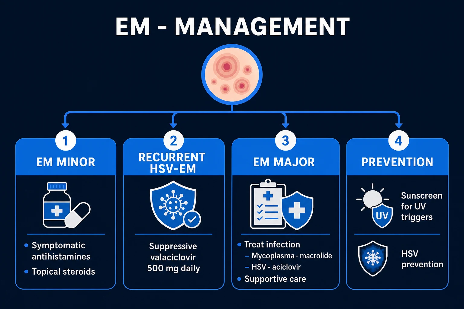 Supportive management bundle: topical steroids, antihistamines, oral rinses, eye lubrication, and trigger-specific therapy