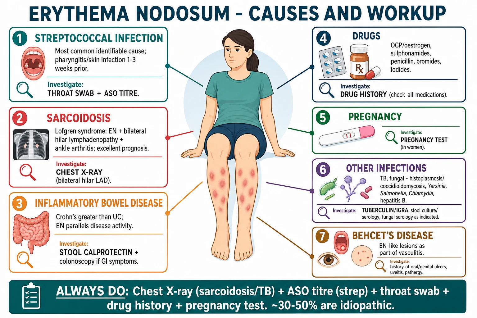 Causes and targeted workup infographic: strep (ASO titre, throat swab), sarcoidosis (CXR hilar LAD, Lofgren triad), IBD (stool calprotectin, colonoscopy), drugs (history), pregnancy (test), infections (IGRA, TB, fungal serology, Yersinia stool)
