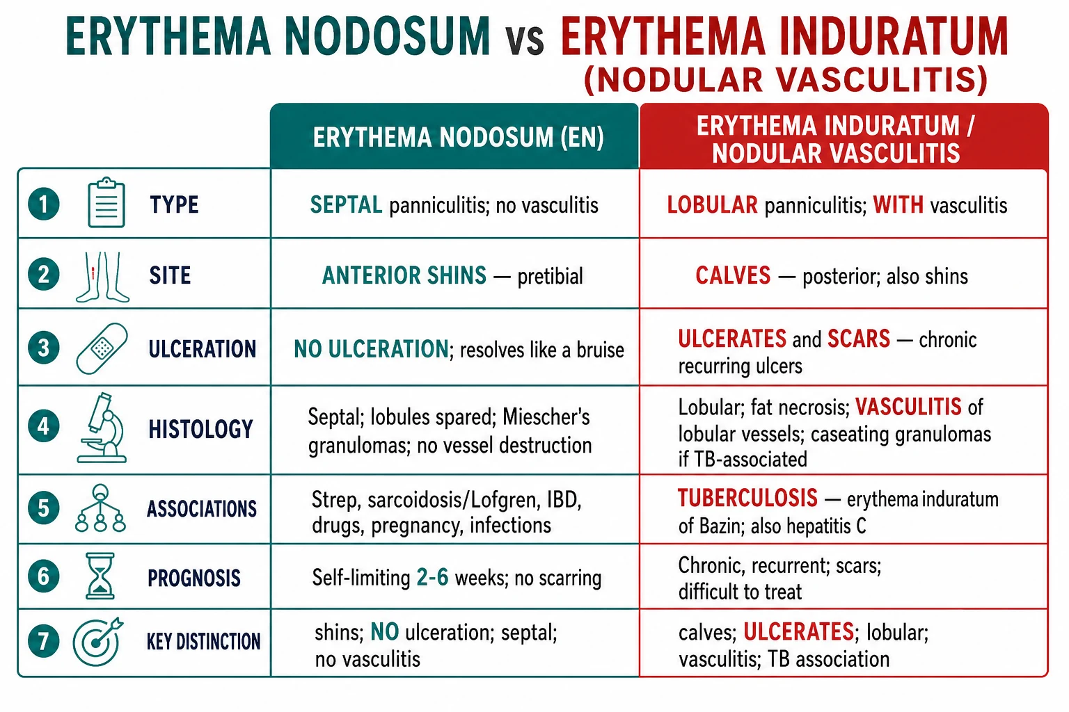 Side by side comparison of erythema nodosum (septal, no ulceration, shins, no vasculitis, strep or sarcoid or IBD) versus erythema induratum (lobular plus vasculitis, ulcerates, calves, TB-associated)
