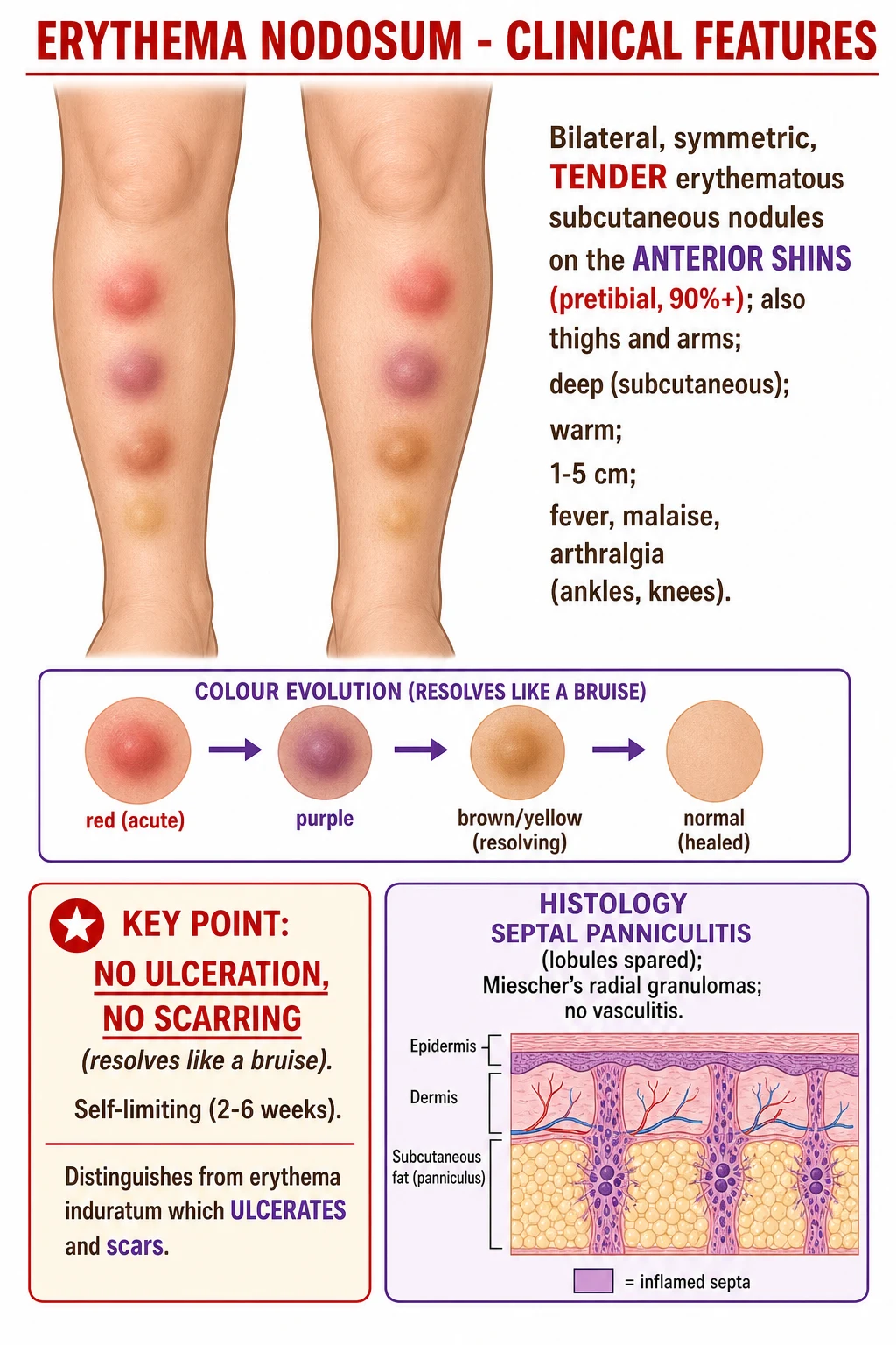 Bilateral tender erythematous shin nodules with colour evolution from red to purple to brown; no ulceration; self-limiting
