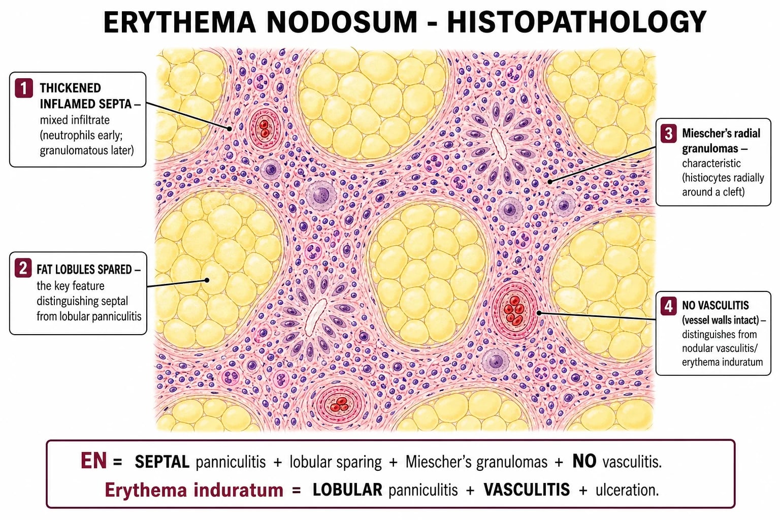 Histology of erythema nodosum: septal panniculitis with thickened inflamed septa, lobular sparing, Miescher radial granulomas (histiocytes around a central cleft), and intact vessels with no vasculitis