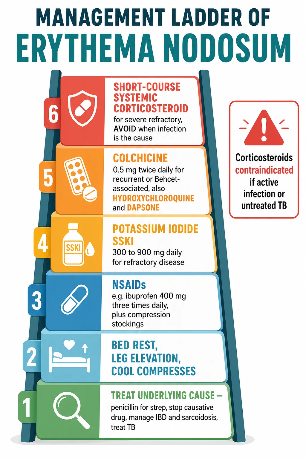 Stepwise management ladder: step 1 treat underlying cause; step 2 bed rest and elevation; step 3 NSAIDs ibuprofen 400 mg TDS plus compression; step 4 potassium iodide 300-900 mg; step 5 colchicine, hydroxychloroquine, dapsone; step 6 short-course systemic corticosteroid with warning to avoid in infection