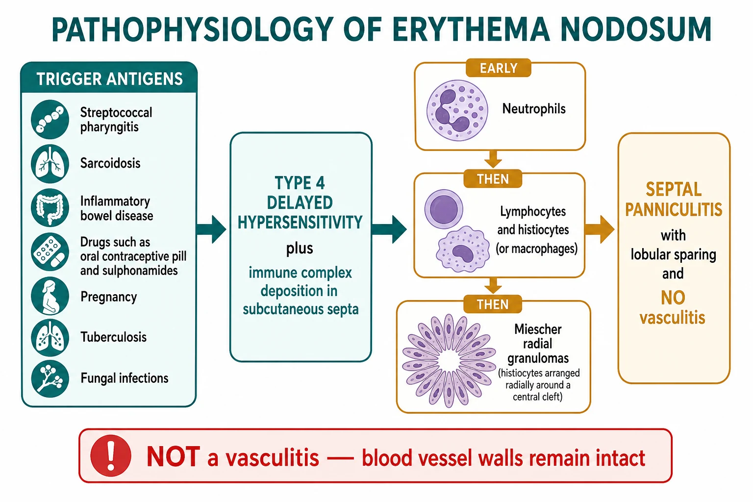 Mechanism flowchart: trigger antigens lead to type IV delayed hypersensitivity plus immune complex deposition in septa; neutrophils then lymphocytes and histiocytes then Miescher radial granulomas; outcome septal panniculitis with lobular sparing and no vasculitis