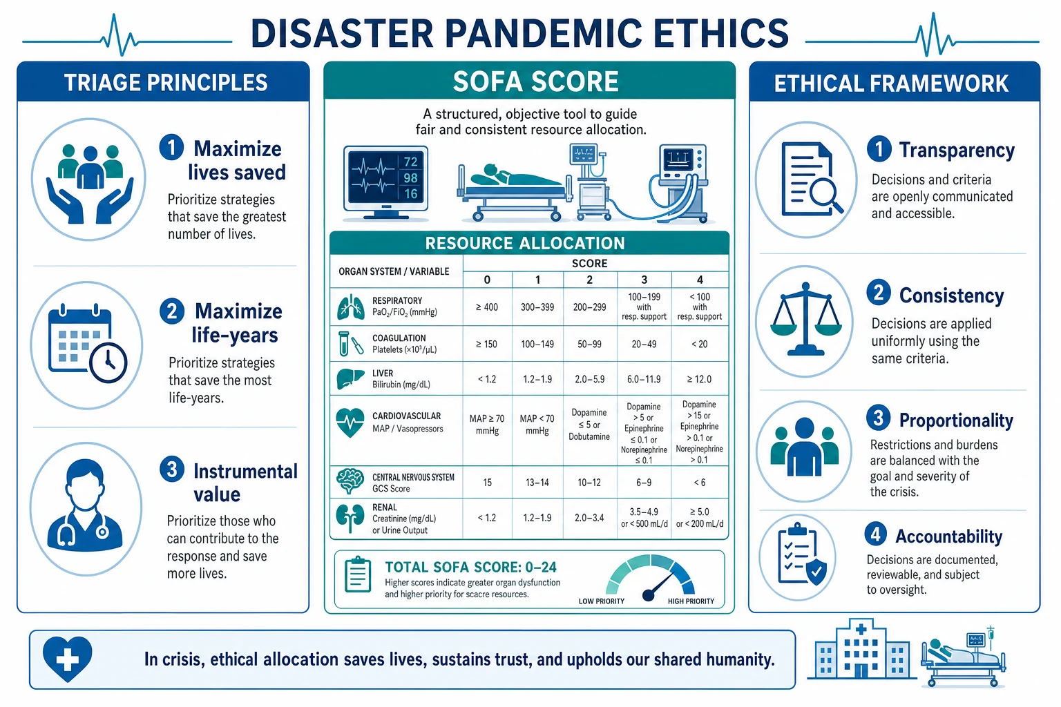Educational framework diagram of autonomy beneficence non-maleficence and justice with withholding versus withdrawing equivalence and capacity concepts for ICU ethics