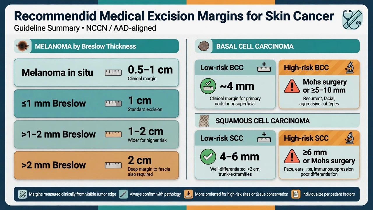 Infographic of melanoma Breslow-based margins and BCC SCC risk-stratified margins