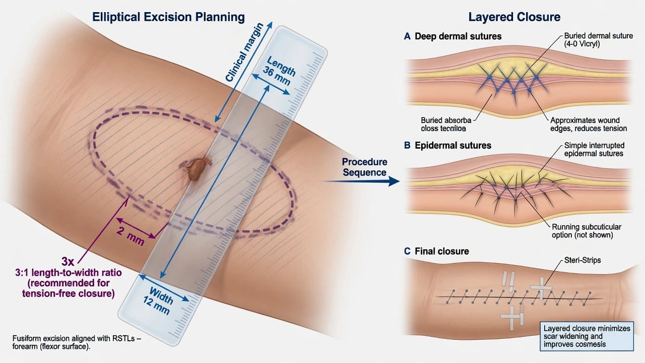 Elliptical excision marked on forearm with 3:1 ratio and layered closure sequence