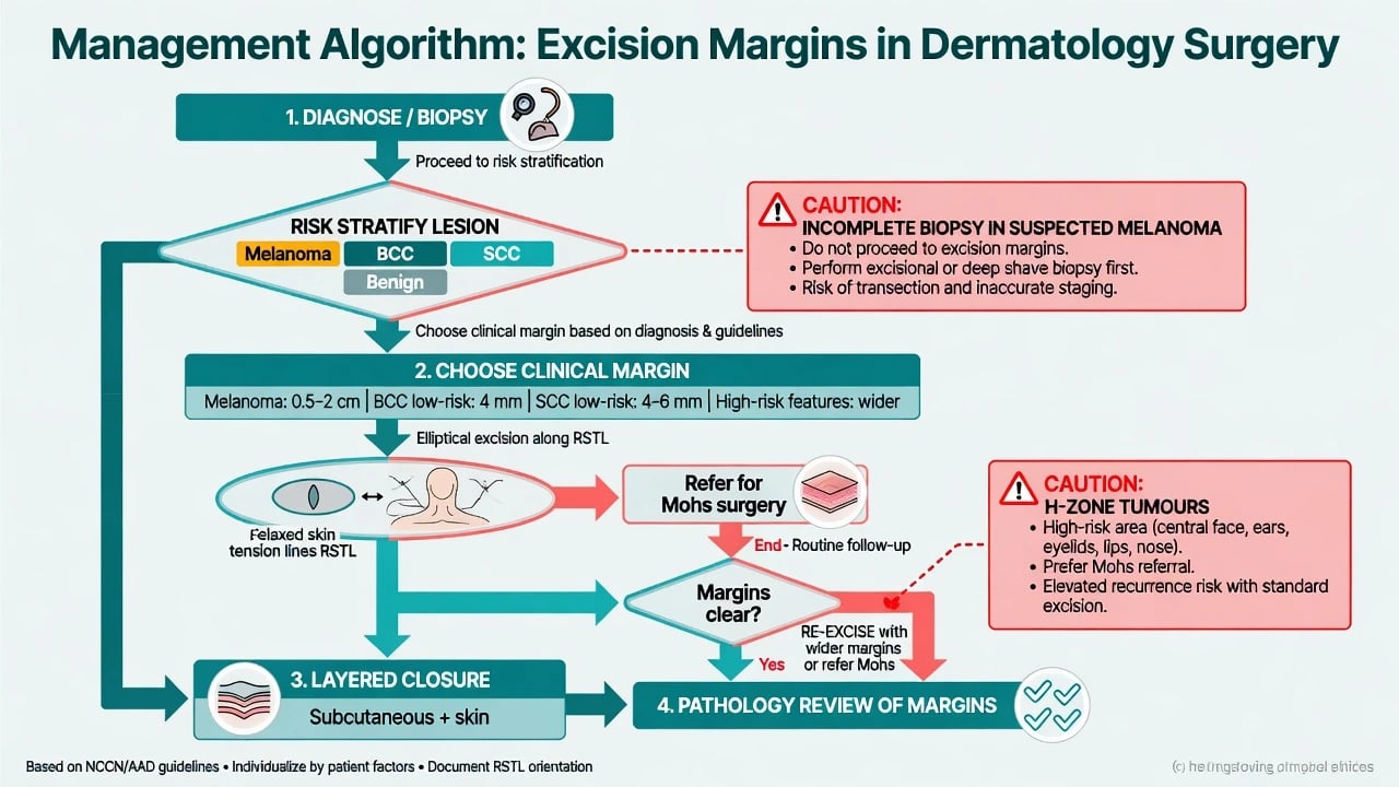 Algorithm from diagnosis to margin choice ellipse or Mohs and pathology follow-up