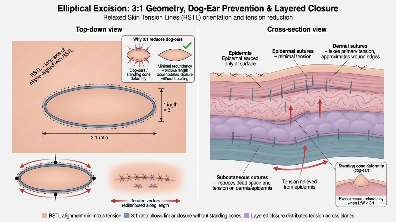 Ellipse geometry preventing dog-ears and layered suture planes