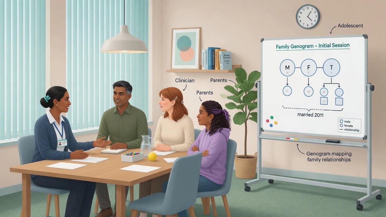 Educational illustration of a CAP family assessment session with clinician, parents, adolescent and genogram whiteboard
