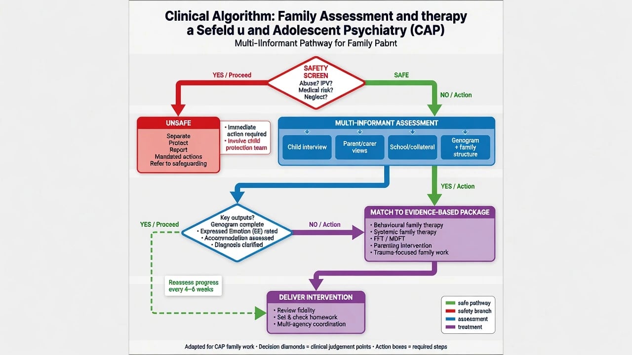 Clinical algorithm from safety screen through multi-informant assessment to evidence package matching and review
