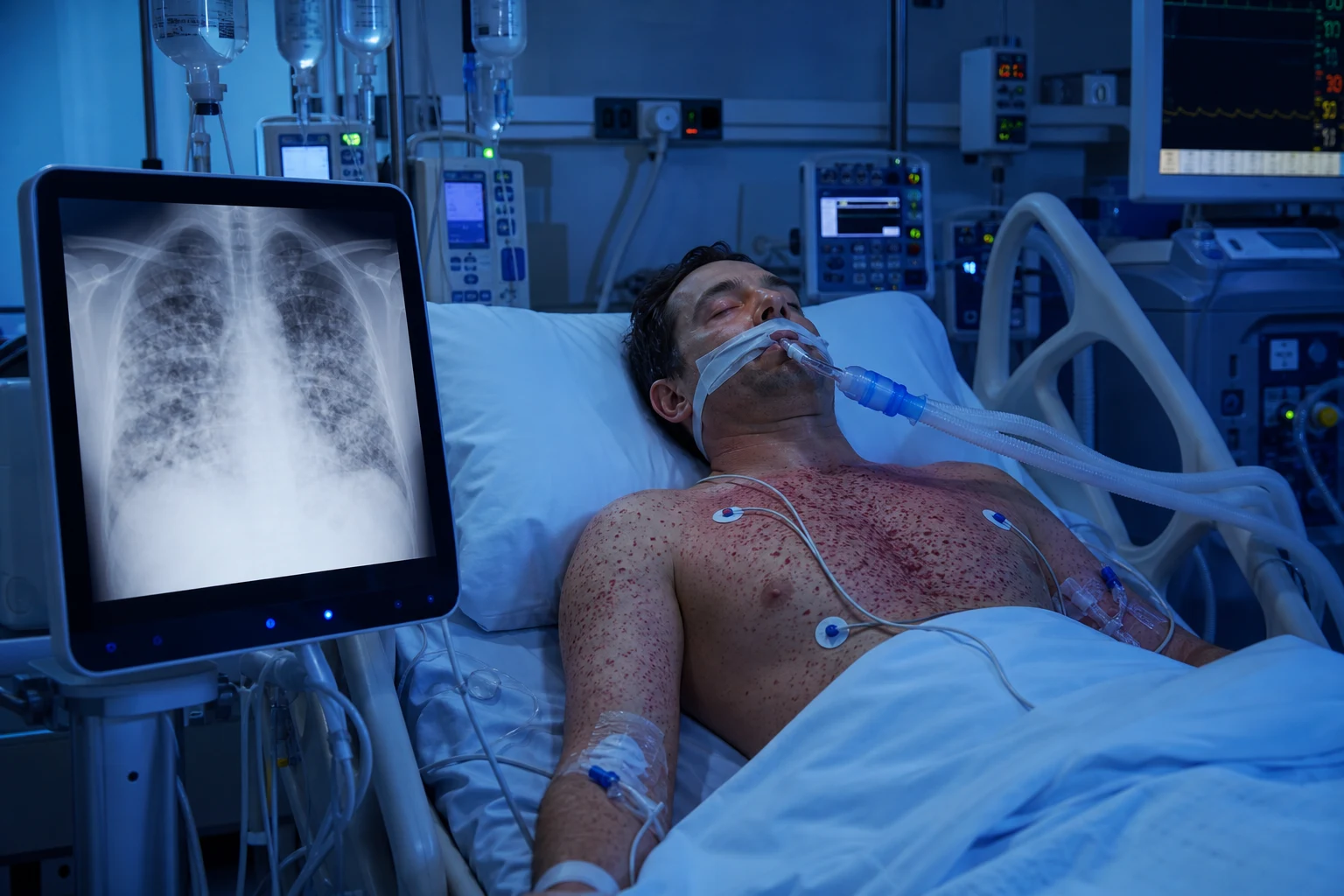 Cinematic ICU scene of a patient with fat embolism, bilateral pulmonary infiltrates on CXR, petechial rash on the chest, clinical-blue lighting