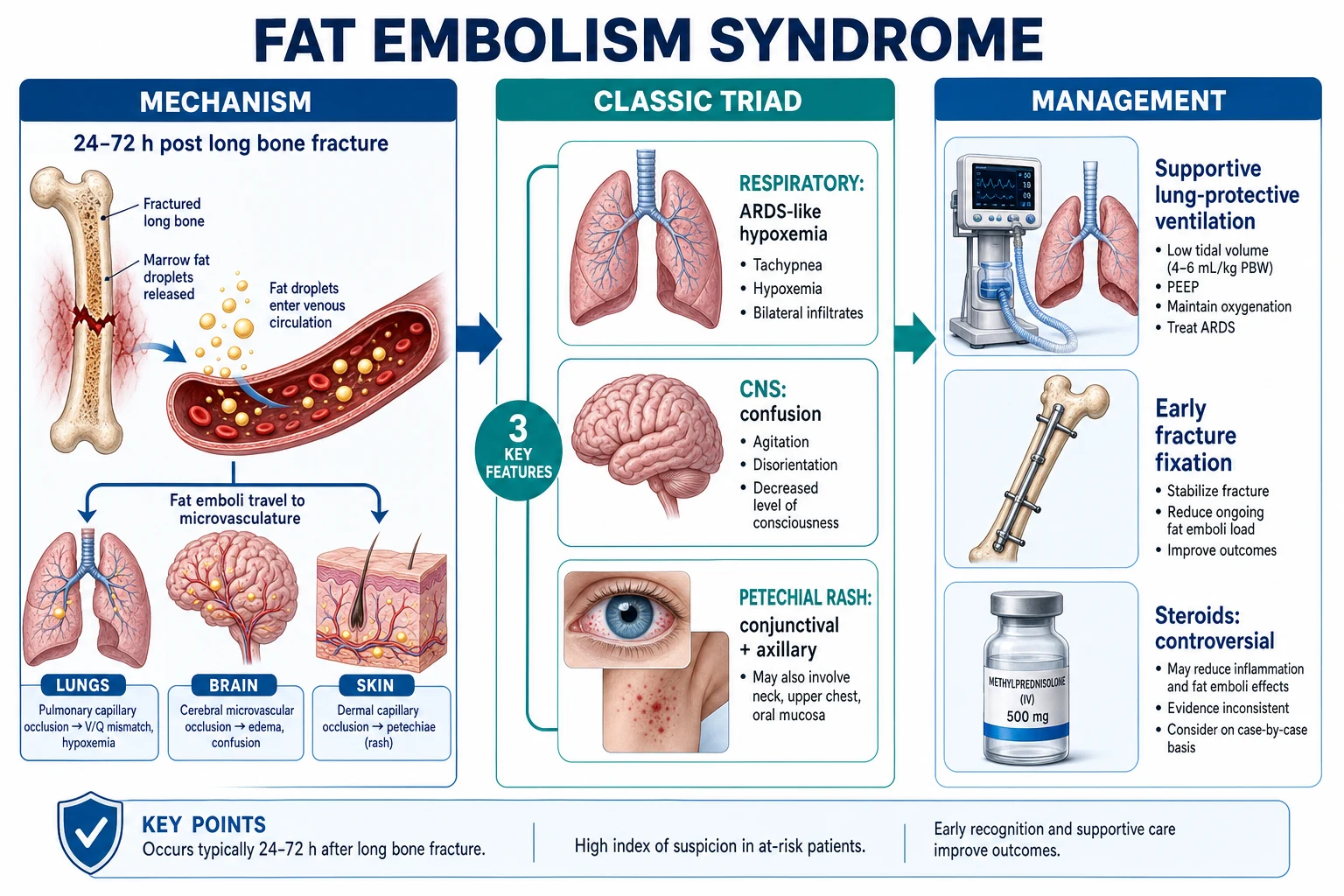 Three-panel infographic on a white clinical-blue background: LEFT mechanism (marrow fat from long bone/pelvic fracture 24-72h; microvascular emboli lungs + brain); CENTRE triad (respiratory ARDS-like bilateral infiltrates; CNS confusion non-focal; petechial rash conjunctival/axillary/upper chest pathognomonic transient); RIGHT management (supportive oxygen/lung-protective ventilation; early fracture fixation reduces release; steroids controversial). Banner 'FES triad: respiratory + CNS + petechial rash; 12-72h post-fracture'. Flat vector illustration, crisp typography.