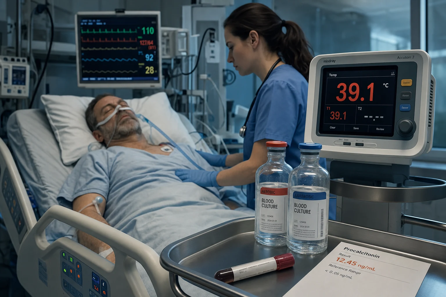 Cinematic ICU scene of a febrile patient with a temperature monitor showing 39.1°C, a cardiac monitor, blood-culture bottles and a procalcitonin result on the trolley, clinical-blue lighting, a careful attentive mood