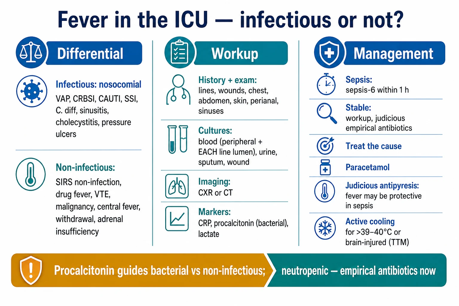 Three-panel infographic on a white clinical-blue background: LEFT differential (infectious nosocomial VAP/CRBSI/CAUTI/SSI/C. diff/sinusitis/cholecystitis/pressure ulcers; non-infectious SIRS non-infection/drug fever/VTE/malignancy/central fever/withdrawal/adrenal insufficiency); CENTRE workup (history + exam lines/wounds/chest/abdomen/skin/perianal/sinuses; cultures blood peripheral+EACH lumen/urine/sputum/wound; imaging CXR/CT; markers CRP/procalcitonin bacterial/lactate); RIGHT management (sepsis sepsis-6 within 1h; stable workup + judicious empirical antibiotics; treat cause; paracetamol; judicious antipyresis fever protective sepsis; active cooling >39-40 or brain-injured TTM). Banner 'Procalcitonin guides bacterial vs non-infectious; neutropenic empirical antibiotics now'. Flat vector illustration, crisp typography.