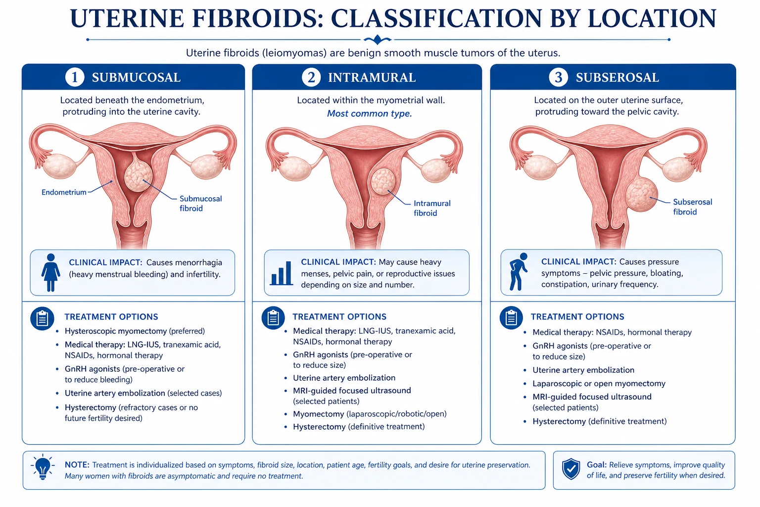 Clean infographic of FIGO types 0 to 8 leiomyoma subclassification with submucosal intramural subserosal cervical and parasitic locations