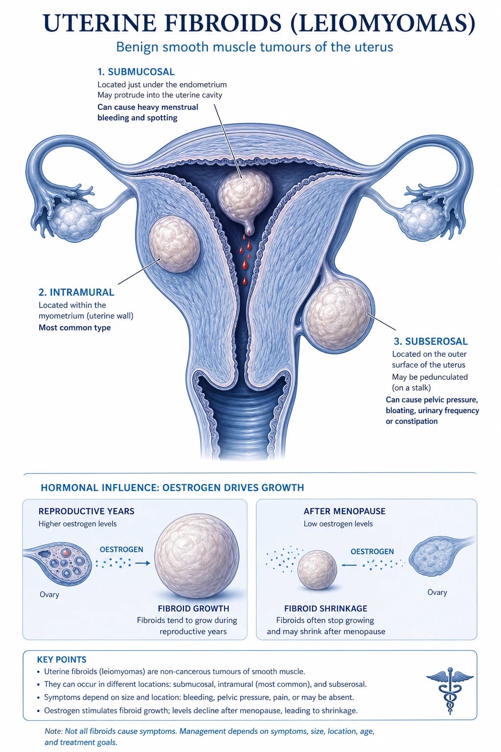 Cinematic 3D close-up of the uterus in cross-section showing well-circumscribed whorled pale round masses in the myometrial wall, one bulging into the cavity and one beneath the serosa, deep navy background