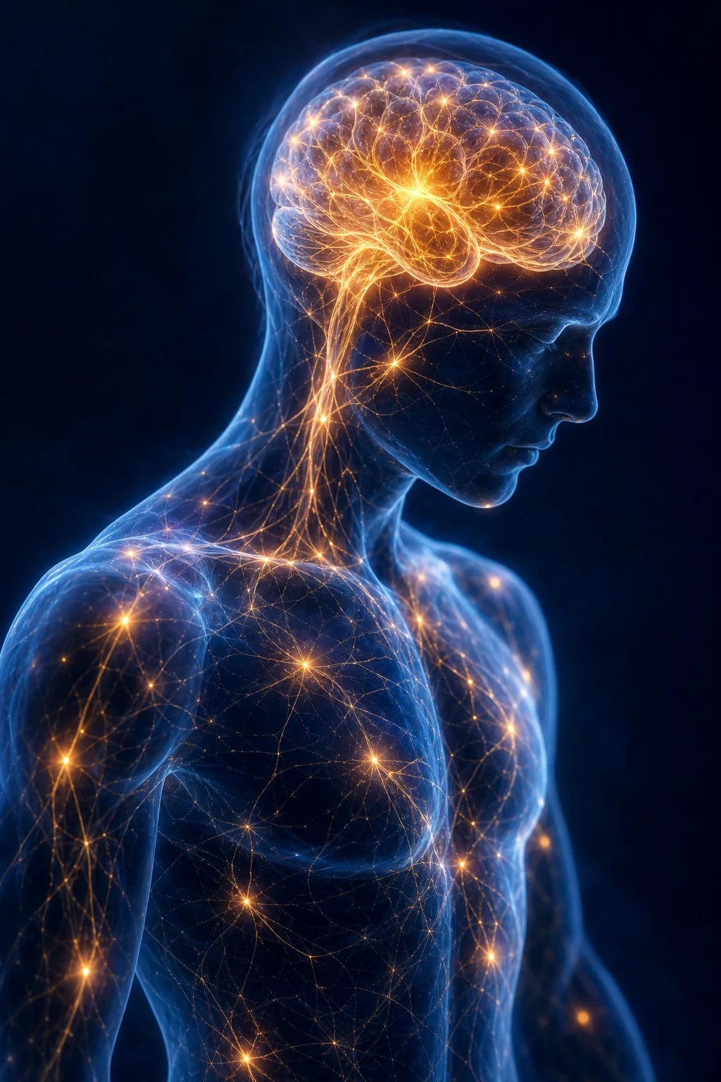 Cinematic 3D artistic close-up of a stylised human figure silhouette with glowing tender points scattered across the body and a softly lit brain showing amplified nerve signals, against a deep navy background