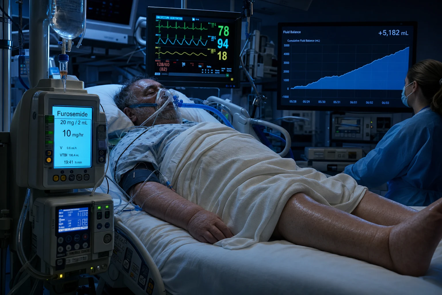 Educational ICU scene of fluid overload: positive fluid balance chart, pulmonary oedema on lung ultrasound B-lines, diuretic infusion, CRRT machine ready, clinical-blue lighting, no faces, no text