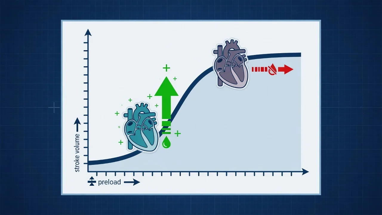 Educational diagram of Frank-Starling relationship and fluid responsiveness concepts applied to ICU fluid dosing, clinical-blue style, labelled steep vs flat limb