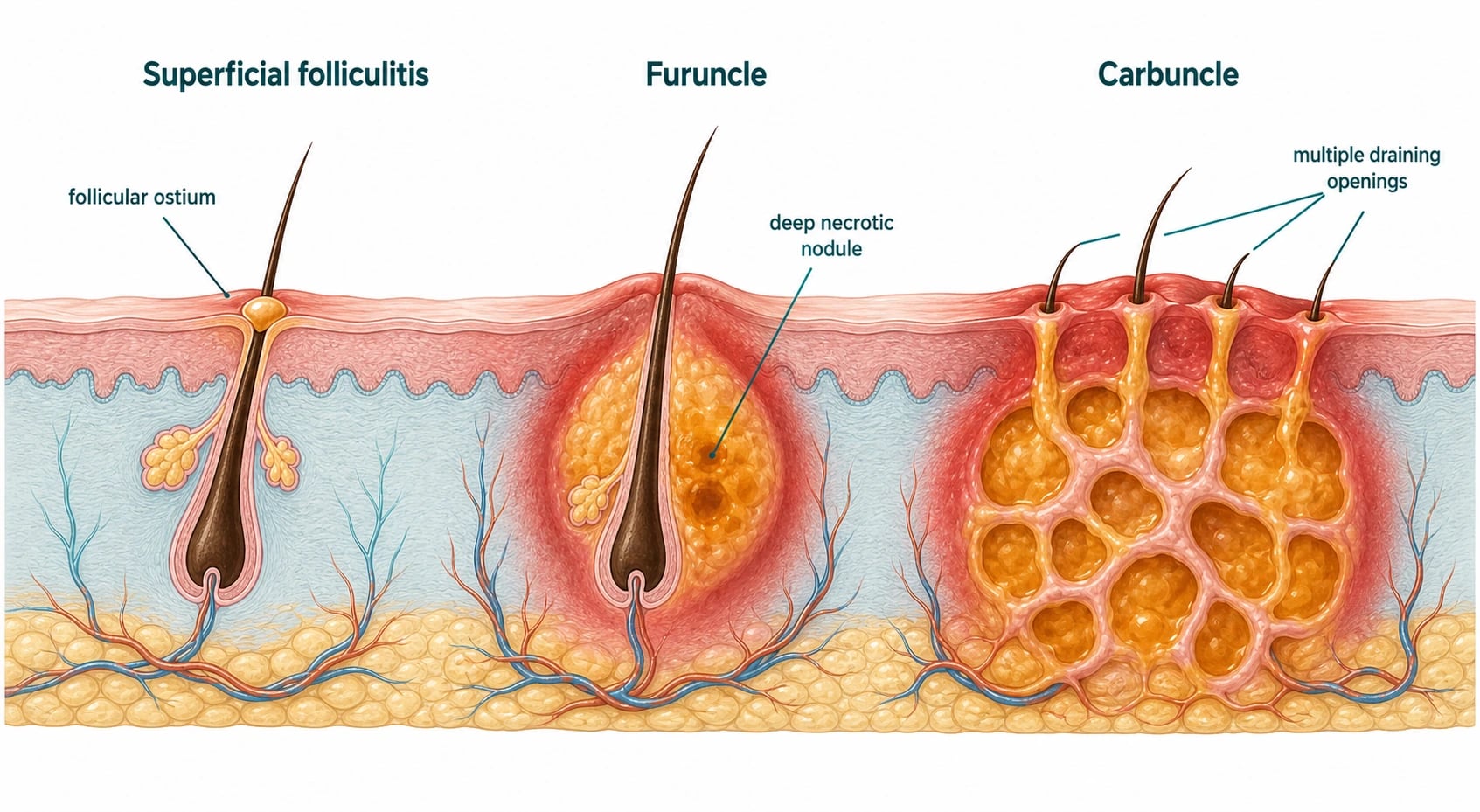 Three-panel diagram of the folliculitis-furuncle-carbuncle spectrum with hair follicle anatomy, increasing depth of infection, and labelled sebaceous gland, dermis, subcutis
