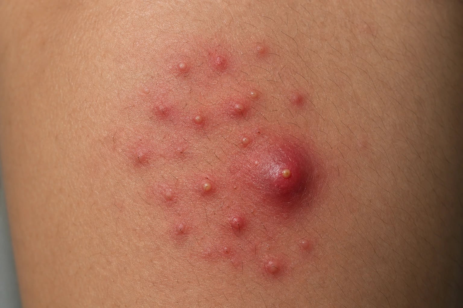 Cluster of erythematous follicular papules and pustules on the buttock and thigh, with one larger tender furuncle with a central pustular head