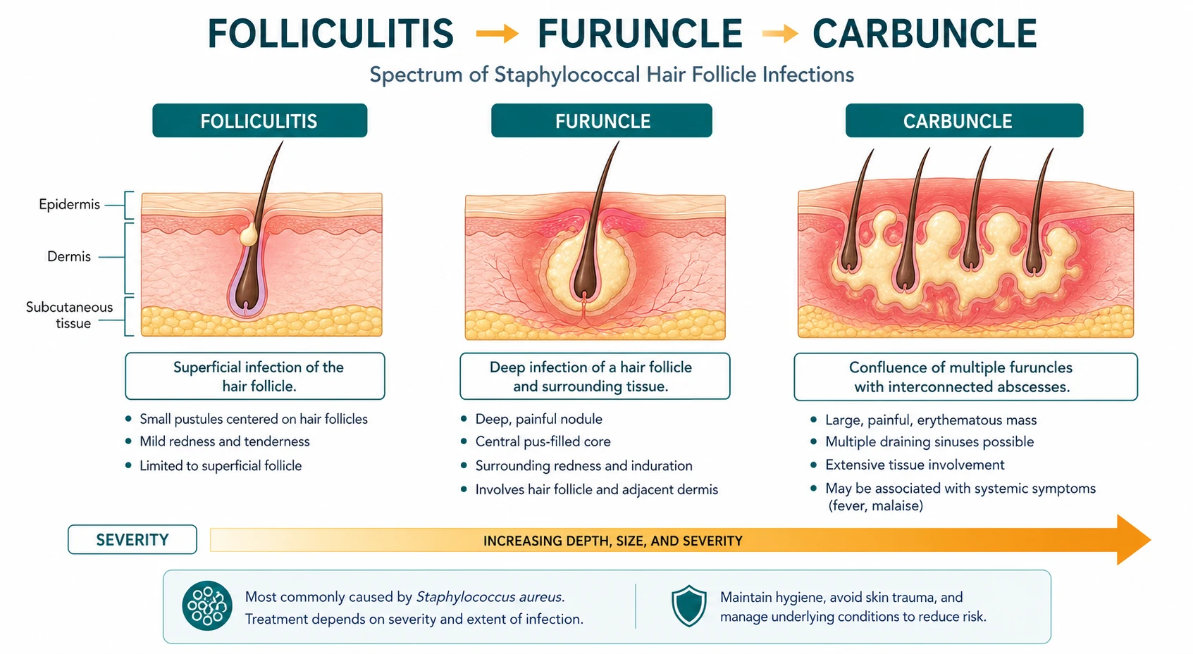 Diagram of the spectrum from superficial folliculitis through furuncle to carbuncle showing increasing depth and tissue involvement