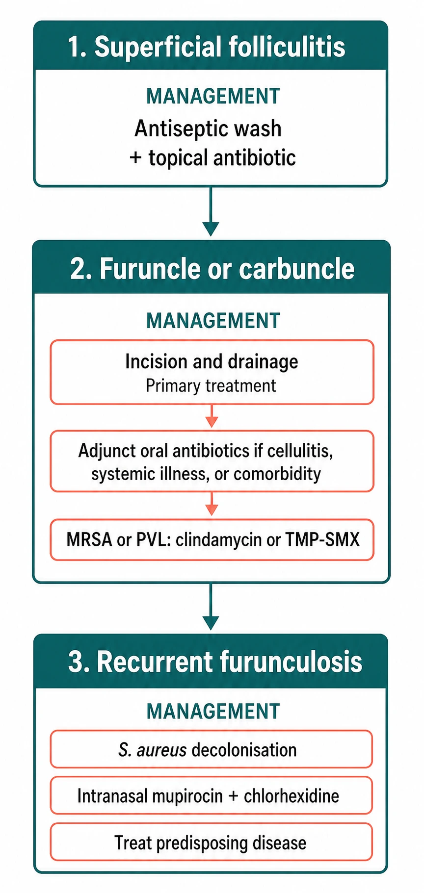 Flowchart of management from superficial folliculitis through furuncle/carbuncle incision and drainage with adjunctive antibiotics to recurrent furunculosis decolonisation