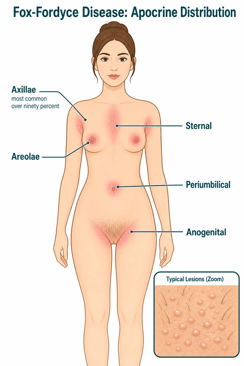 Anatomical female body silhouette with highlighted apocrine gland-bearing areas — both axillae (most prominent), areolae, periumbilical region, sternal region and anogenital region — labelled with the characteristic distribution of Fox-Fordyce disease