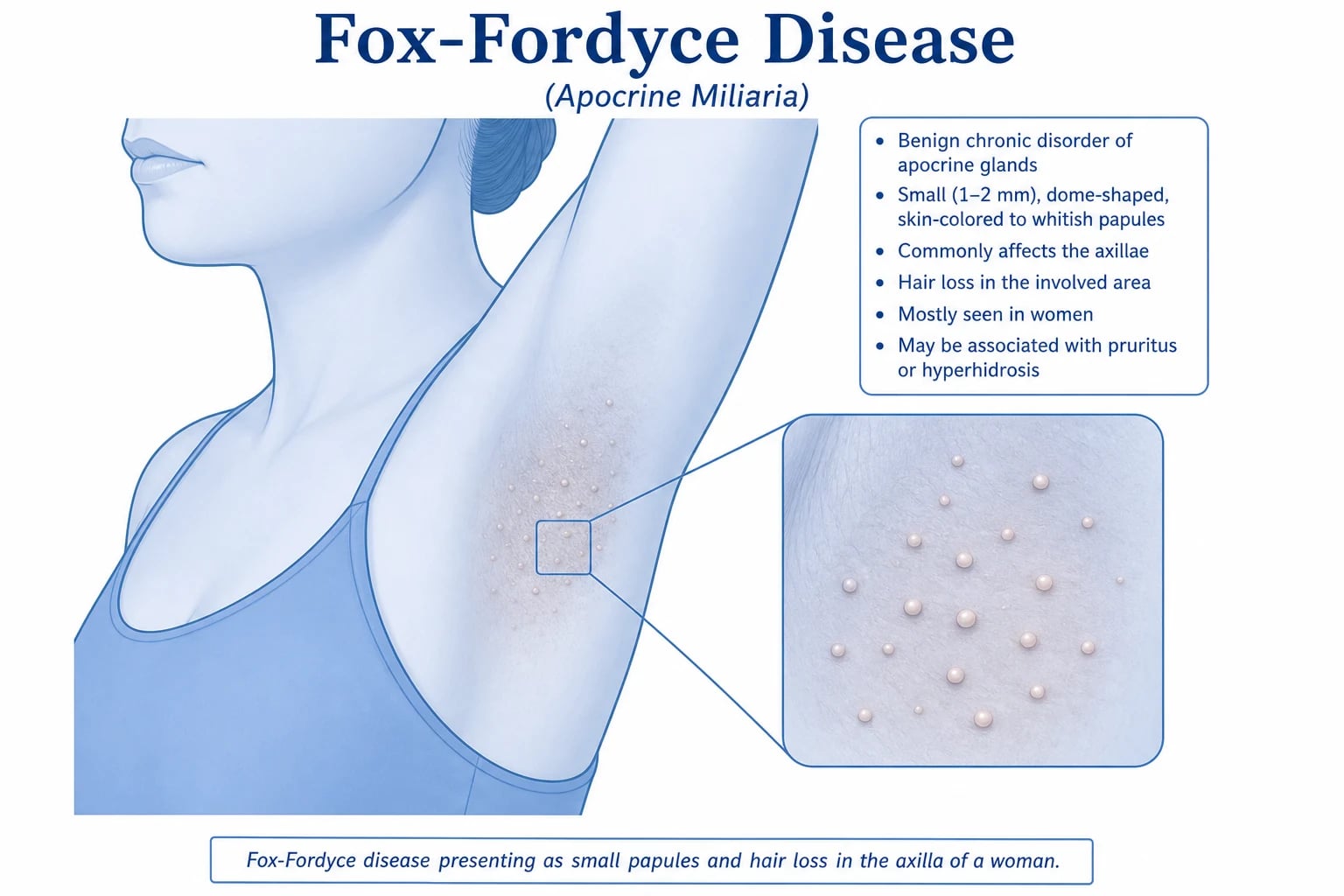 Small firm dome-shaped skin-coloured papules clustered in the axilla with overlying hair loss and decreased sweating