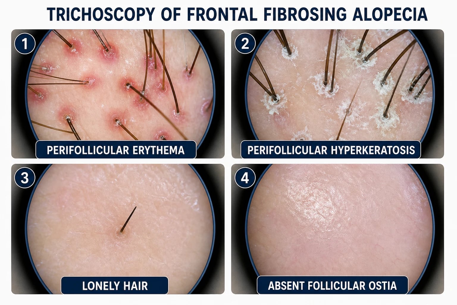Trichoscopy findings of frontal fibrosing alopecia showing four panels: perifollicular erythema, perifollicular hyperkeratosis, lonely hair, and absent follicular ostia in scarred skin