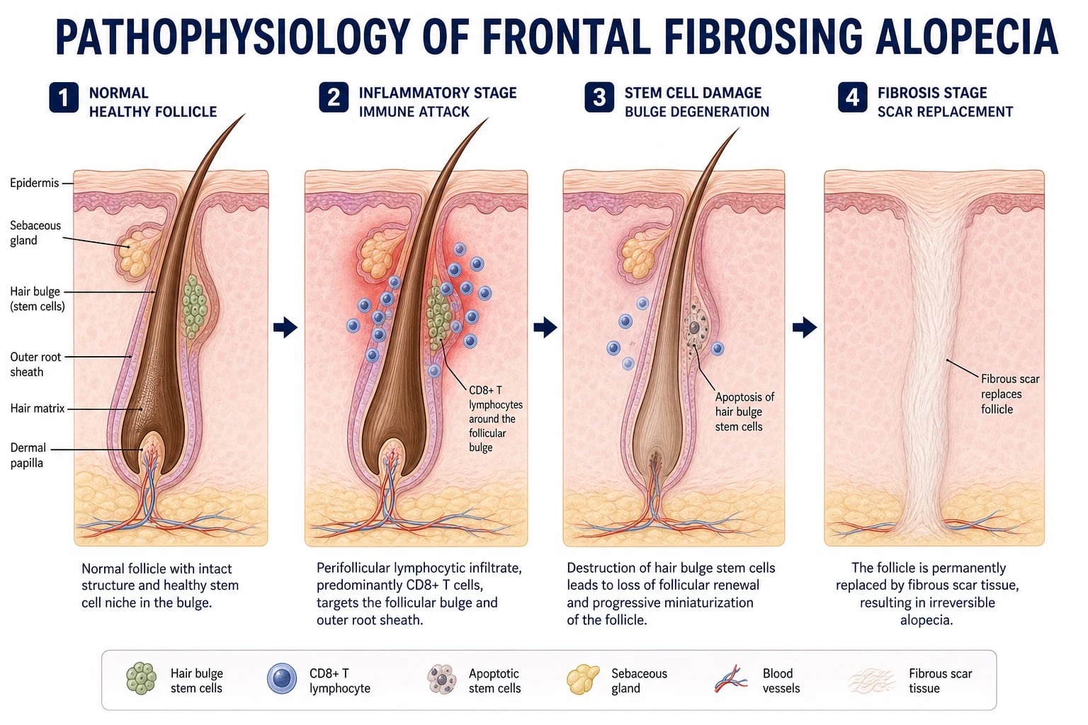 Four-step pathophysiology cascade of frontal fibrosing alopecia showing normal follicle, CD8 lymphocyte-mediated immune attack, bulge stem cell destruction, and permanent fibrous scar replacement