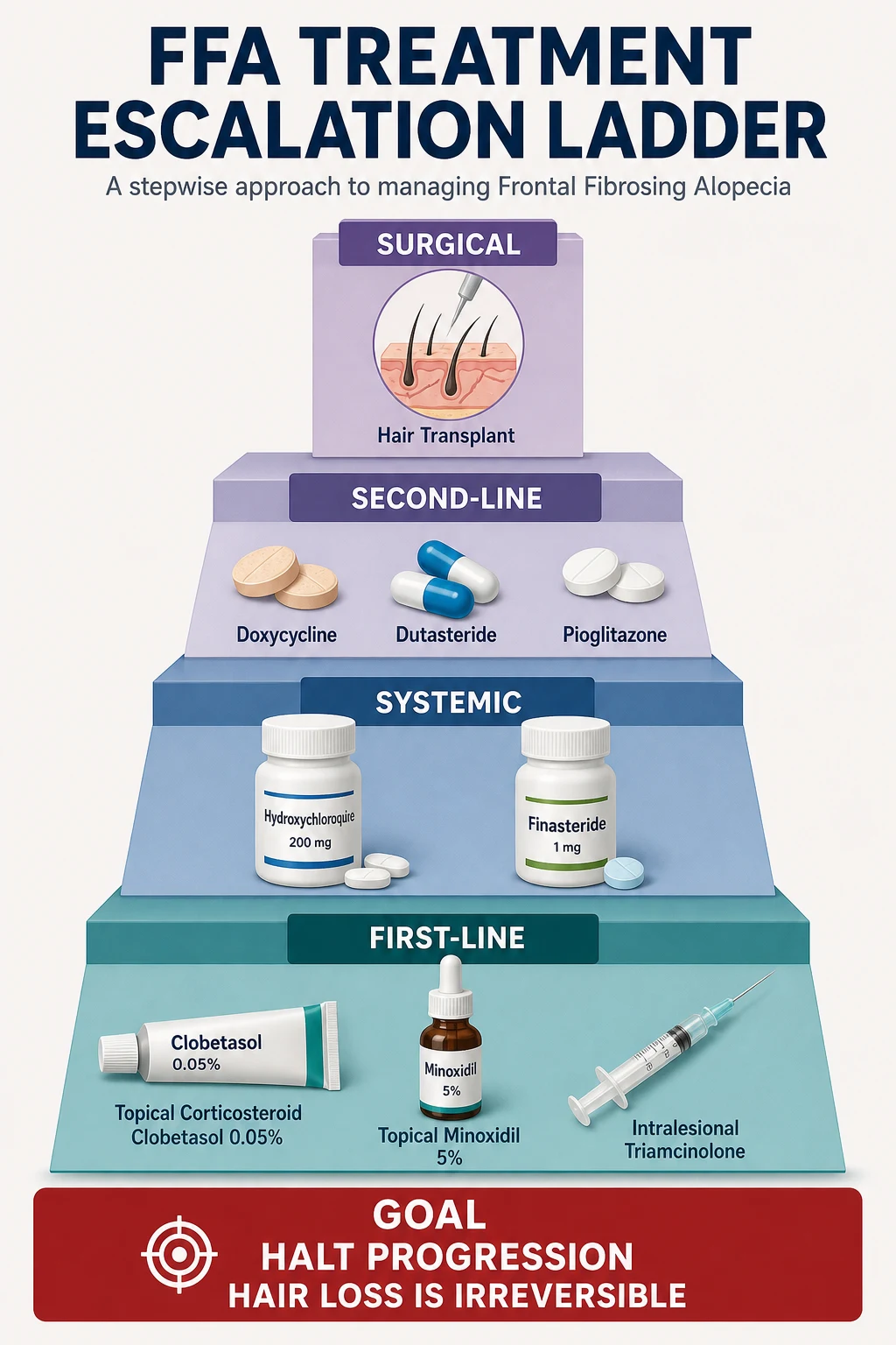Treatment escalation ladder for frontal fibrosing alopecia showing four levels: first-line topical and intralesional, first-line systemic, second-line systemic, and refractory or surgical