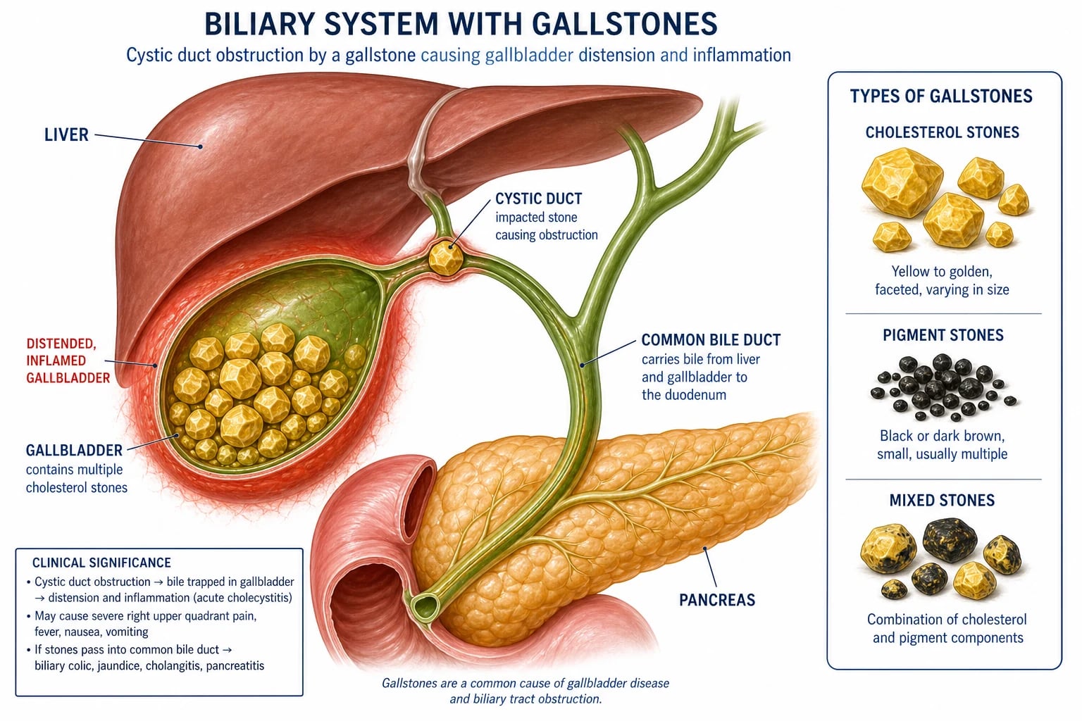 Biliary system anatomy showing gallbladder with cholesterol stones, cystic duct, common bile duct, and stone impaction.