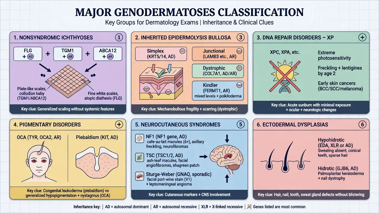 Six-panel classification of nonsyndromic ichthyoses, inherited EB, XP, pigmentary disorders, neurocutaneous syndromes, and ectodermal dysplasias with gene and clinical clues