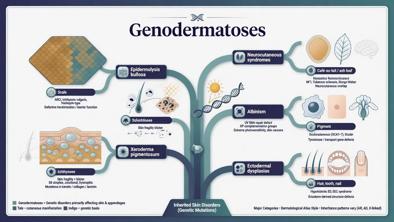 Tree diagram of major genodermatoses groups: ichthyoses, epidermolysis bullosa, xeroderma pigmentosum, albinism, neurocutaneous syndromes, ectodermal dysplasias