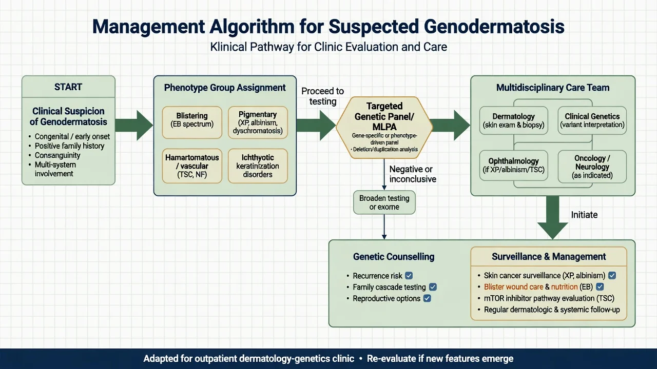 Management algorithm for suspected genodermatosis: clinical suspicion, phenotype group, genetic testing, multidisciplinary care, counselling and surveillance